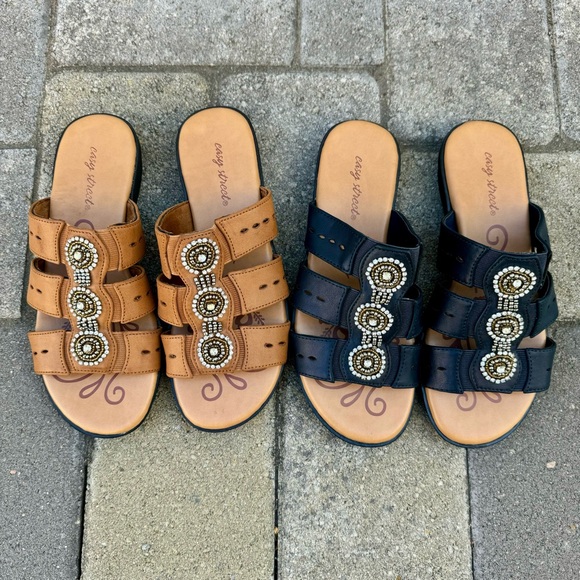 2 Pairs of Open Toe Beaded Rhinestone Flat Slide Sandals - Picture 4 of 12